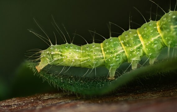 Extreme macro close-up of a green caterpillar body and prolegs gripping a leaf edge