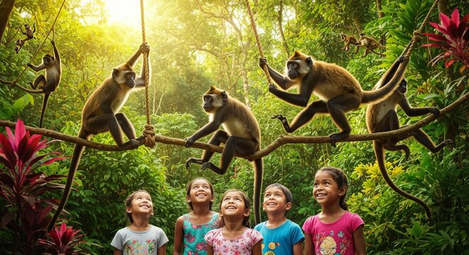 Curious monkeys swinging among ropes and branches in a lush tropical habitat, children watching