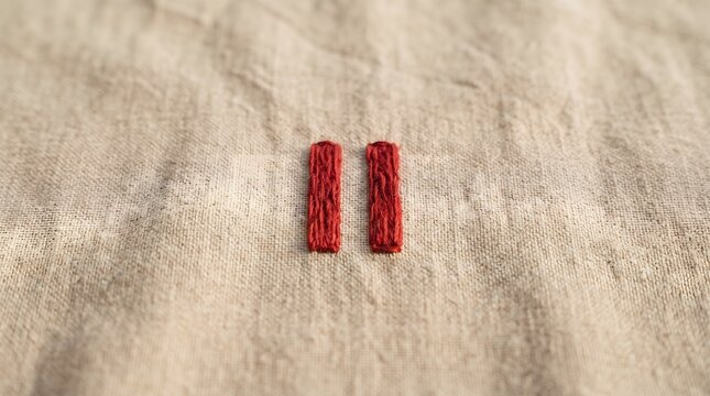 Minimalist embroidery artwork featuring a red thread pause symbol on natural beige fabric, with imperfect handmade stitches, wrinkles, and warm texture.