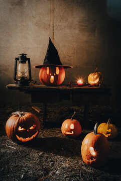 halloween background with jack'o'lanterns in the night