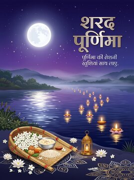 Sharad Purnima Riverside Poster With Glowing Moon Reflection
