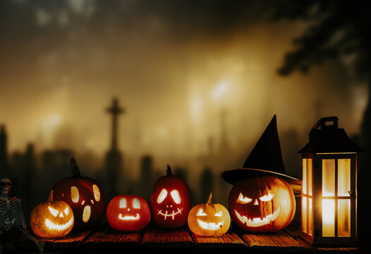 spooky Halloween background with jack'o'lanterns in the night