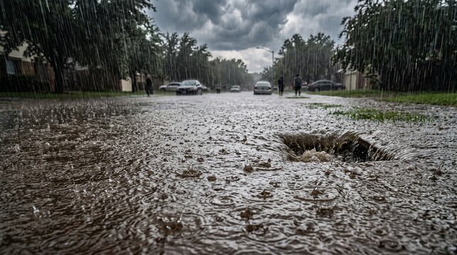 Rescue worker carrying a small dog through floodwater on a residential street, animal rescue and emergency response during flooding concept