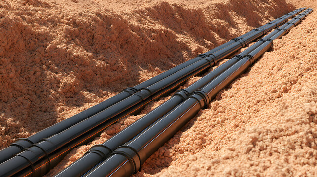 Industrial underground pipeline construction featuring durable black plastic utility pipes laid inside a deep excavated trench filled with sand earth background for infrastructure and civil engineerin