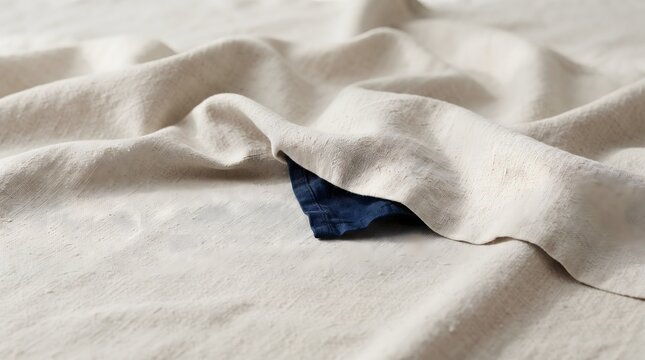 Top view of naturally wrinkled unbleached linen folded into organic ridges and valleys, featuring a small section of deep indigo dyed fabric.