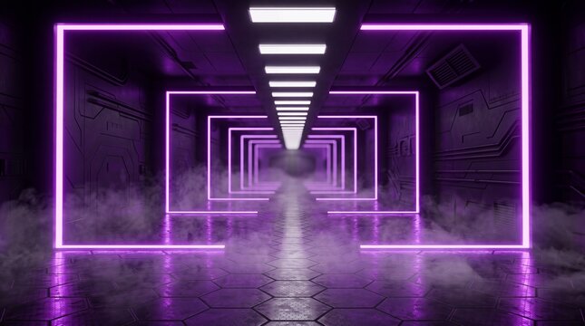 Purple neon frame corridor with misty atmosphere and hexagonal floor for sci-fi gaming environment.