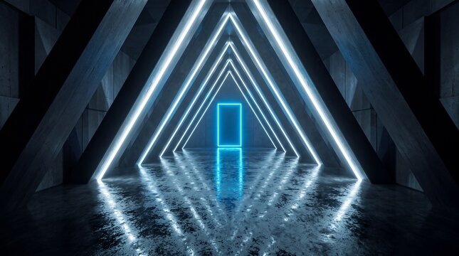 Sci fi triangle arch tunnel in dark concrete structure with glowing cyan rectangle portal light.