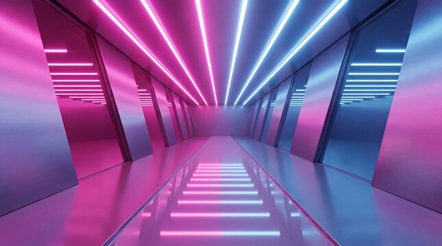 Bright futuristic metallic corridor with pink and blue overhead neon lights in perspective design.