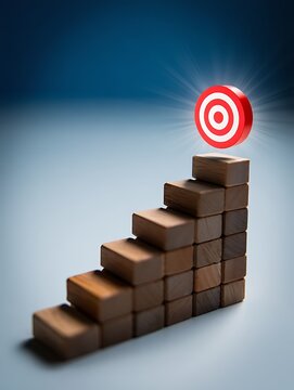 Wooden blocks forming staircase with target symbol above representing success and achievement