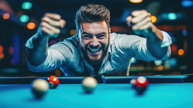 Billiards player celebrates a successful winning shot at the pool table with pure joy.