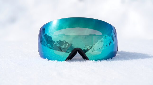 Reflective blue ski goggles resting on pristine snow with mountain landscape mirrored in the lens during a bright resort preseason winter scene