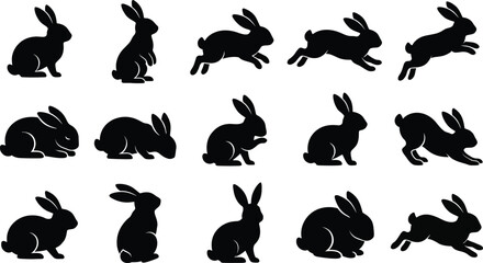 Obraz premium Assorted black rabbit silhouettes showing diverse poses including jumping, sitting, and running isolated on a plain white background area