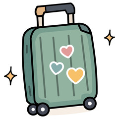 Cute green rolling travel luggage suitcase vector illustration decorated with adorable heart and star stickers, perfect for vacation packing and holiday journey themes © Muji