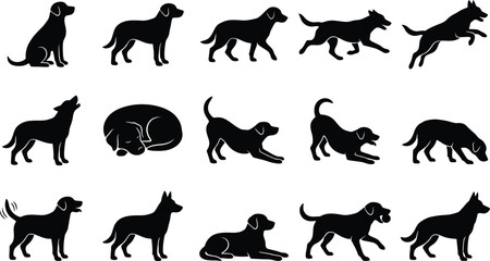 Fototapeta premium Collection of fifteen black dog silhouettes in various poses including sitting, standing, walking, running, jumping, and sleeping on white