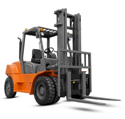 Orange industrial heavy forklift truck front three-quarter view isolated on transparent background © MPROJECT