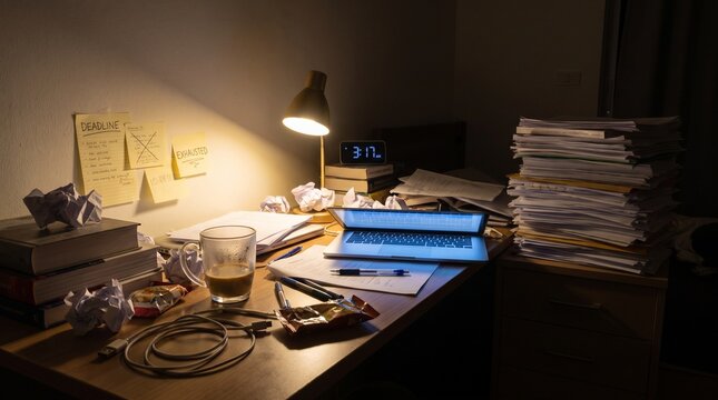Cluttered late night study desk with desk lamp, stacked books, laptop, papers and glass of water in warm light