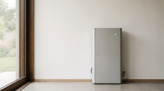 Modern home battery storage system standing in bright minimalist interior space, renewable energy storage unit, residential power backup device