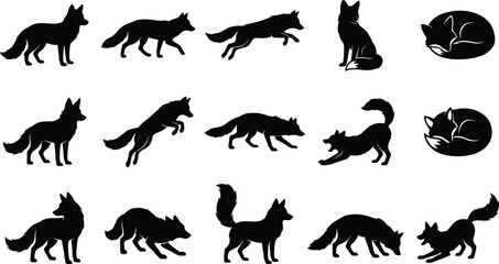 Obraz premium Fifteen black fox silhouettes depicting various poses including walking, running, jumping, sitting, and sleeping on white background