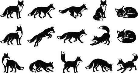 Obraz premium Fifteen black fox silhouettes in diverse poses such as walking, jumping, sitting, and sleeping, isolated on a clean white background