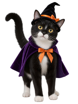 Black and white cat dressed as a witch for Halloween