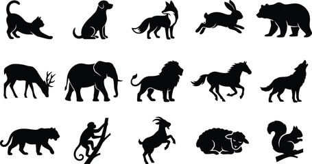 Obraz premium Set of fifteen black animal silhouettes featuring a cat, dog, fox, rabbit, bear, deer, elephant, lion, horse, wolf, tiger, monkey, goat, sheep, and
