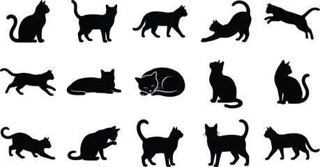 Obraz premium Set of fifteen black cat silhouettes showing different poses like sitting, walking, stretching, sleeping, and jumping, organized in a grid on a