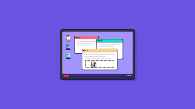 Animated Minimalist Computer Interface with Multiple Browser Windows and File Management System, Drag and Drop Data Upload Concept on a Digital Screen Workspace Background