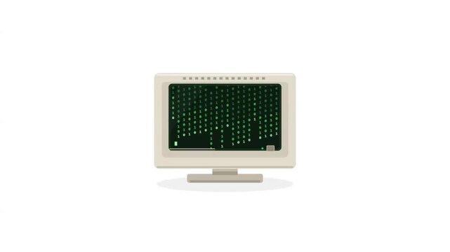 Vintage retro computer monitor display with scrolling green binary code digits on a dark screen isolated on white background, representing programming, cyber security, and data processing.