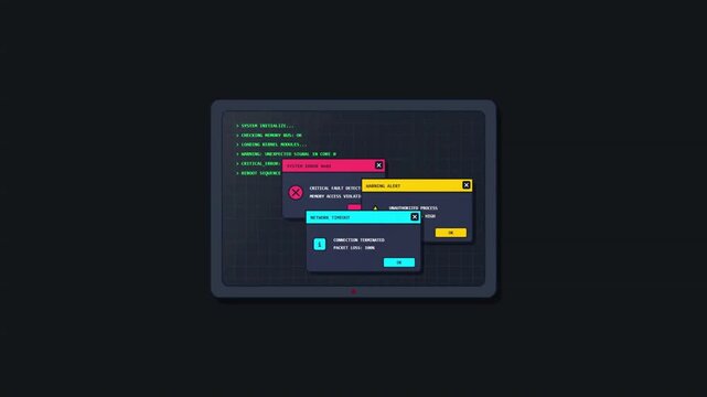2D animation of a digital interface displaying multiple system error pop-ups and warning alert windows on a dark terminal screen background, representing a cyber security breach or technical failure