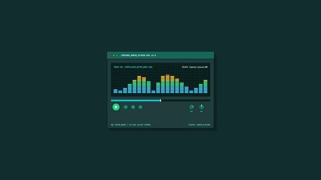 Digital user interface of a vintage music player software featuring a colorful spectrum analyzer equalizer with moving bars on a dark background for audio and multimedia concepts.