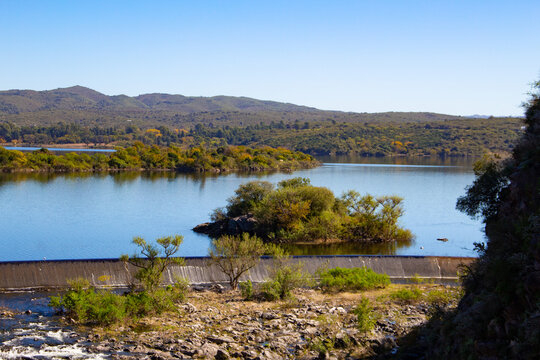 Embalse Dam Spillway and Mountain Scenery in Calamuchita, Cordoba