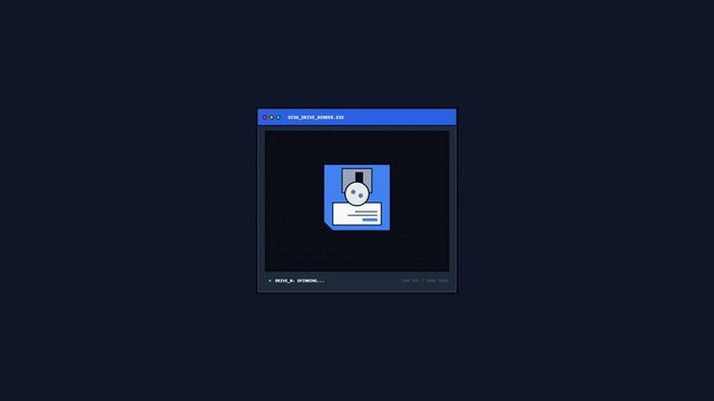 Retro Computer Interface Animation Featuring a Stylized SIM Card or Disk Icon Processing Inside a Floating Window with Scrolling Text and Scanning Progress on a Dark Minimalist Background