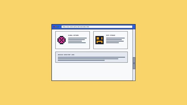 Retro pixel art animation of a classic early web browser interface featuring vintage nineties internet design elements, data storage icons, and global network archive directory from 1999.
