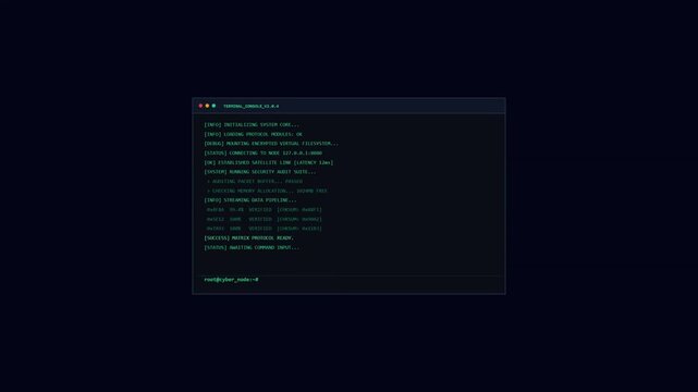 Cybersecurity system terminal window displaying green scrolling command line code for data processing, hacking simulation, network security audit, and server initialization on dark background.