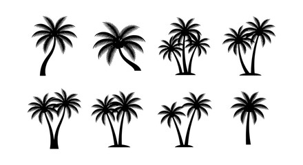Naklejka premium Multiple black silhouette palm trees are displayed on a plain white background for tropical themes.