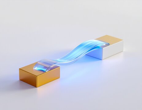 3D render of glowing blue glass ribbon connecting gold and silver blocks, instant mobile money transfer and wireless payment connection concept