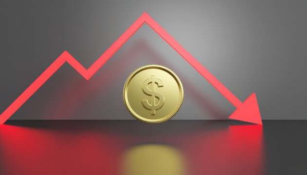 3D render of gold dollar coin in front of red downward arrow graph on gray background with reflection, economic crisis, recession and financial loss concept