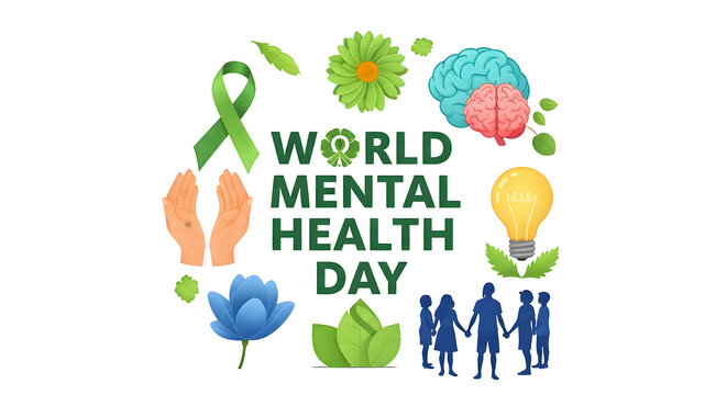 World mental health day illustration with brains hands and symbolic elements