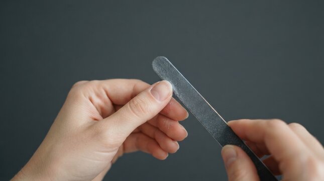Close-up of hands filing fingernails with a metal nail file.