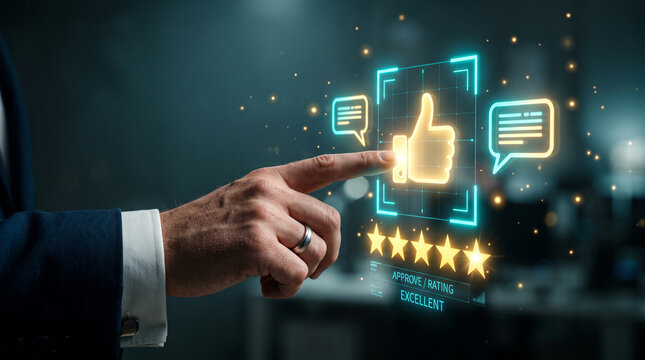 Business hand pointing at a holographic five star rating, representing positive customer feedback, online reviews, satisfaction surveys, reputation management, service quality, and trust.