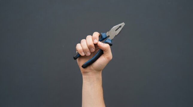 Hand Holding Pliers Against a Dark Gray Background.