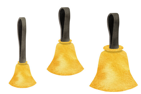Watercolor English handbells collection, large, medium and small with black leather handles