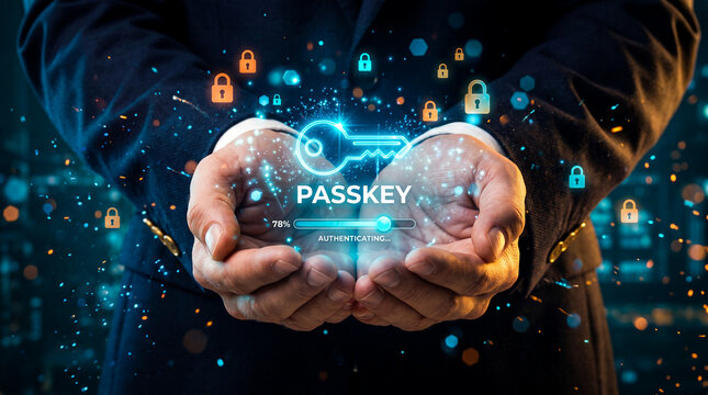 Business hands holding a holographic digital passkey with floating lock icons, representing passwordless login, encrypted access, identity protection, and modern cybersecurity technology.