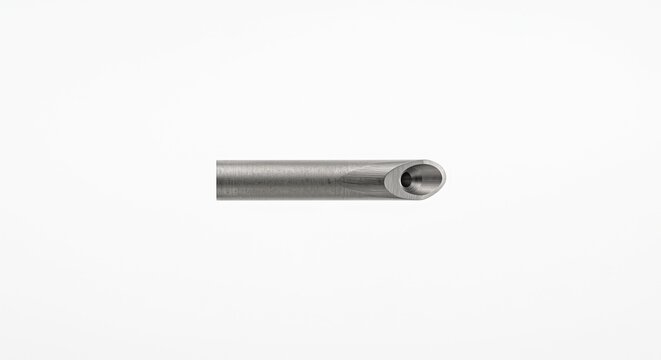 Macro of phacoemulsification needle tip. Micro-machined titanium needle with countersunk hydration port. Precision ophthalmic surgery eye hardware isolated on pure white background.