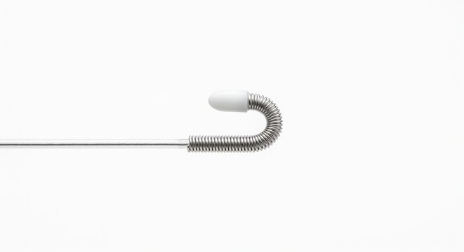 Macro of distal J-tip for coronary guidewire. Micro-molded opaque PTFE polymer cone with platinum core spring coil. Precision cardiology surgical hardware isolated on pure white background.