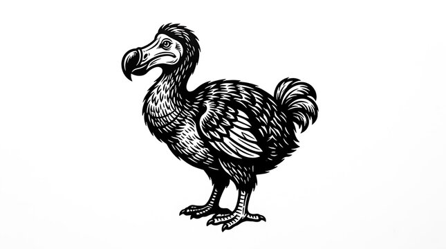Black and white sketch of a dodo bird standing on a plain background
