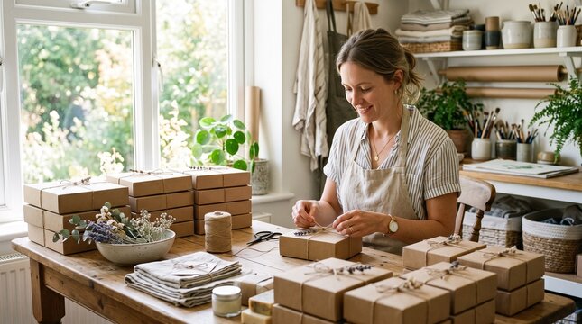 Woman entrepreneur happily wrapping gift boxes with natural twine and dried flowers for her small business