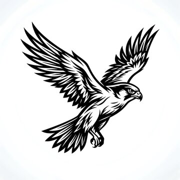 Black and white illustration of a bird of prey in flight with detailed feather