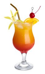 Tasty cocktail in glass and orchid flower isolated on white © New Africa