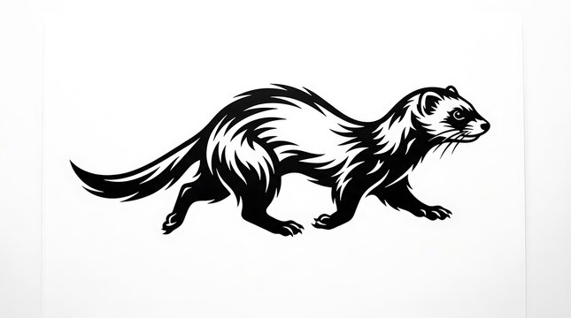 Black and white line drawing of a running badger with detailed fur texture